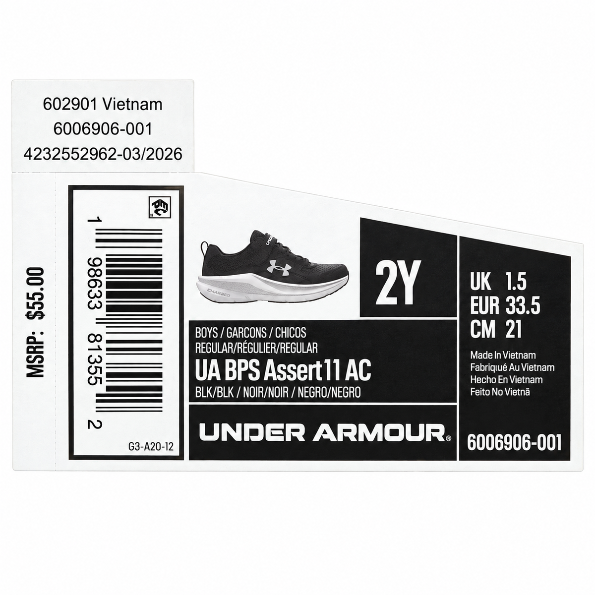 Under Armour Assert 11 AC Boys 2Y Black White Mesh Running Shoes Hook Loop Strap
