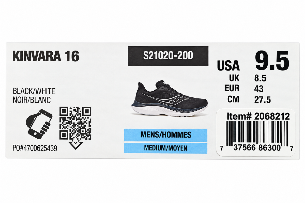 Saucony Kinvara 16 Mens 9.5 Black White PWRRUN Lightweight Road Running Sneakers