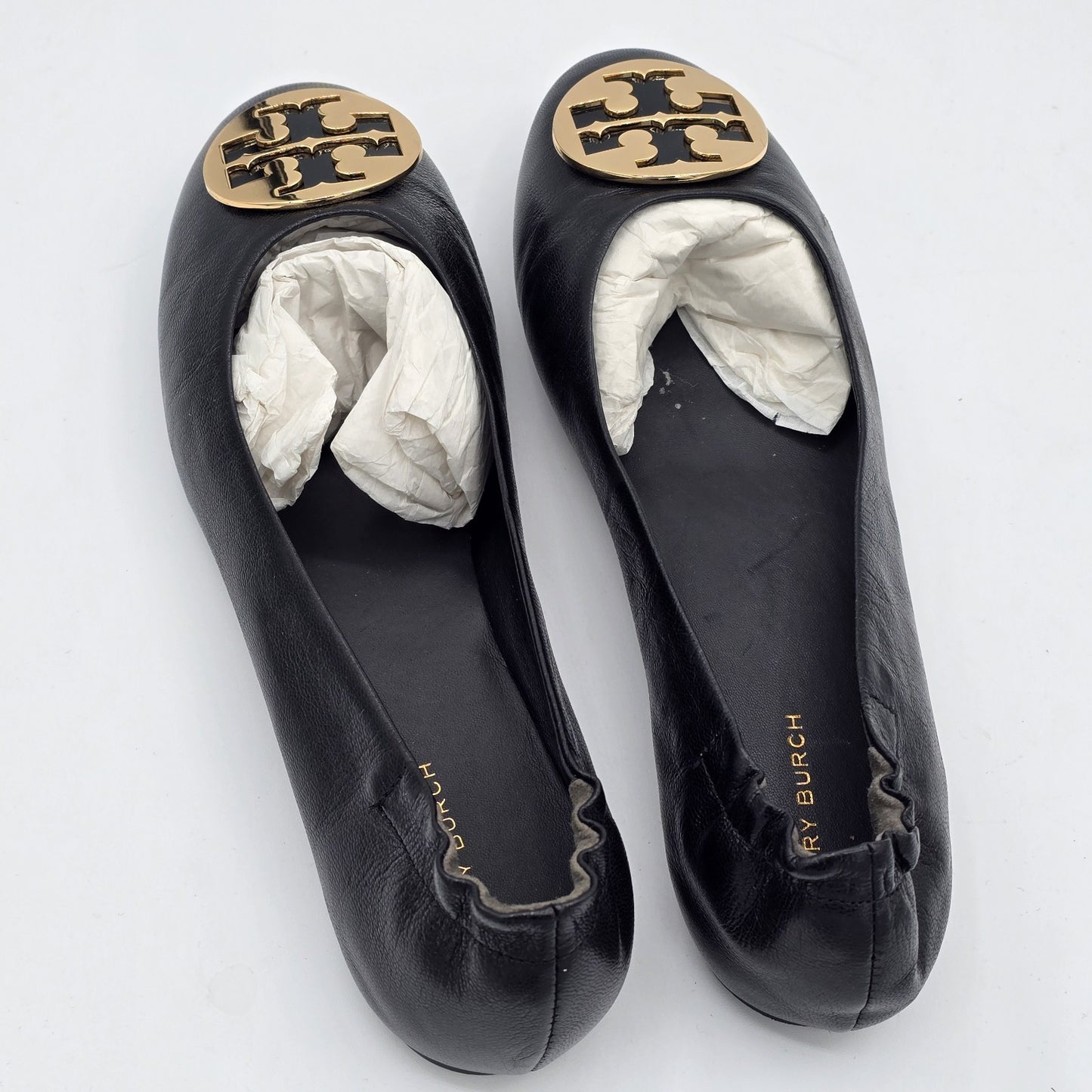 Tory Burch Claire Ballet Flats Women's Leather Black Gold Logo Size 9