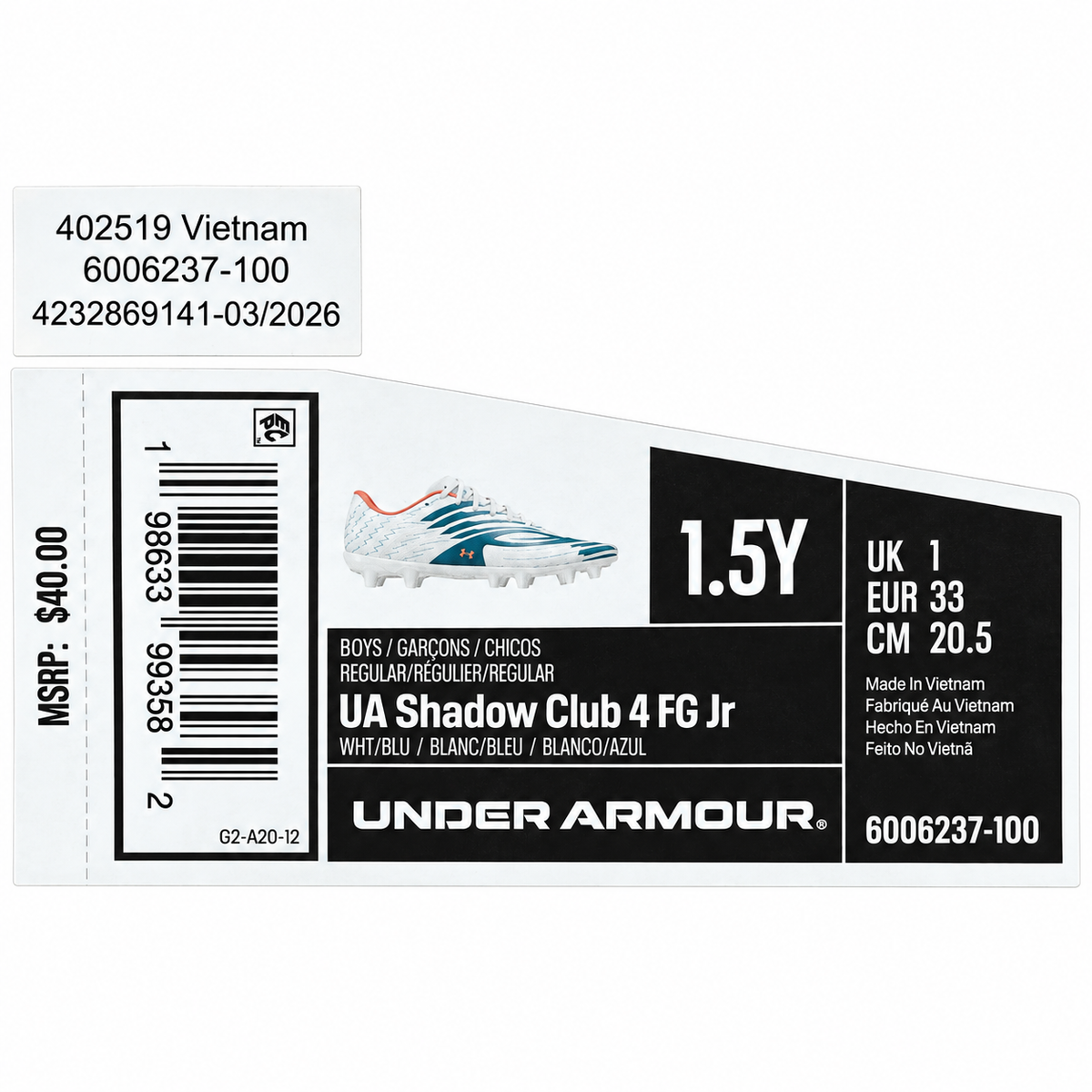 Under Armour Shadow Club 4 FG Jr Boys 1.5Y White Blue Soccer Cleats Firm Ground