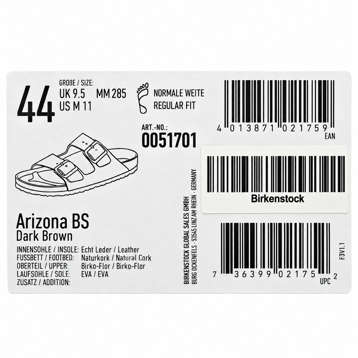 Birkenstock Arizona Sandals Men 11 EU 44 Dark Brown Birko-Flor Regular 0051701