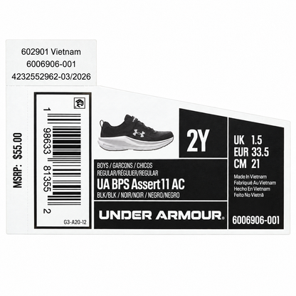 Under Armour Assert 11 AC Boys 2Y Black White Mesh Running Shoes Hook Loop Strap
