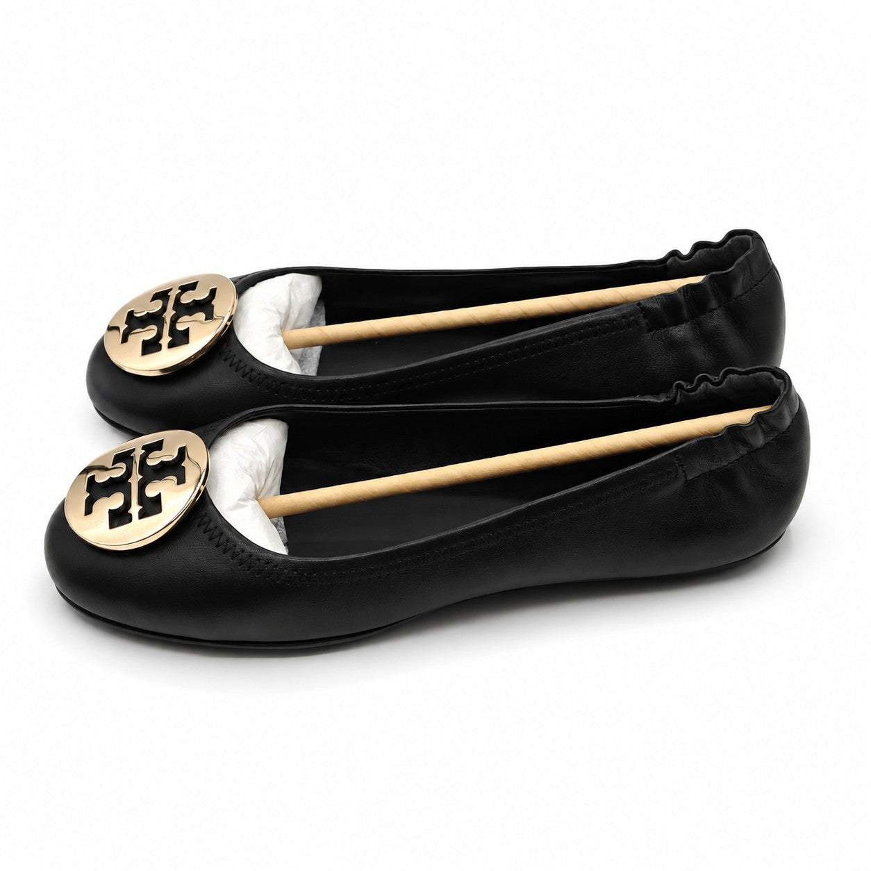 Tory Burch Minnie Travel Ballet Flats Women's 8 Black Gold Nappa Leather 50393