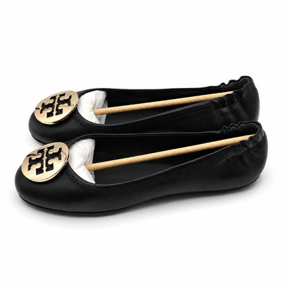 Tory Burch Minnie Travel Ballet Flats Women's 8 Black Gold Nappa Leather 50393