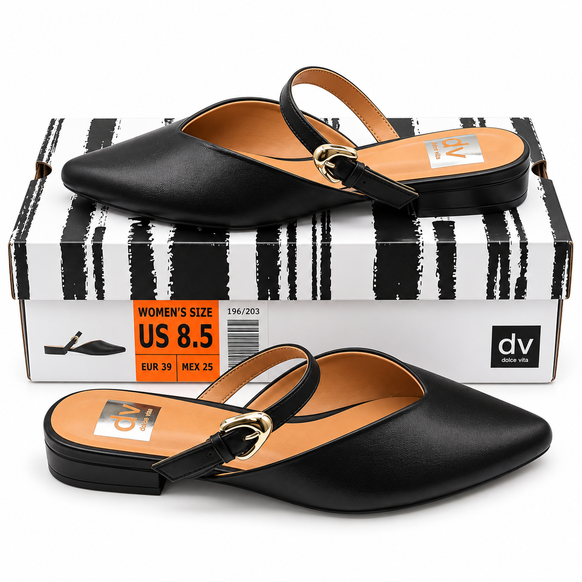 DV Dolce Vita Womens Black Pointed Toe Mule Flats Buckle Strap Shoes Pick Size