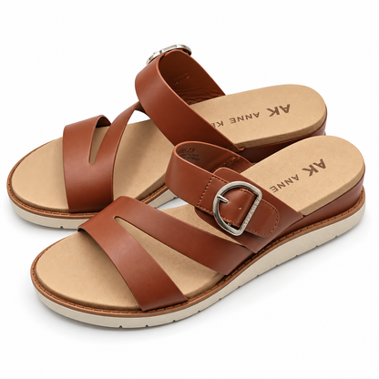 Anne Klein Lalasa Womens Cognac Buckle Slide Sandals iFlex Low Wedge Pick Size
