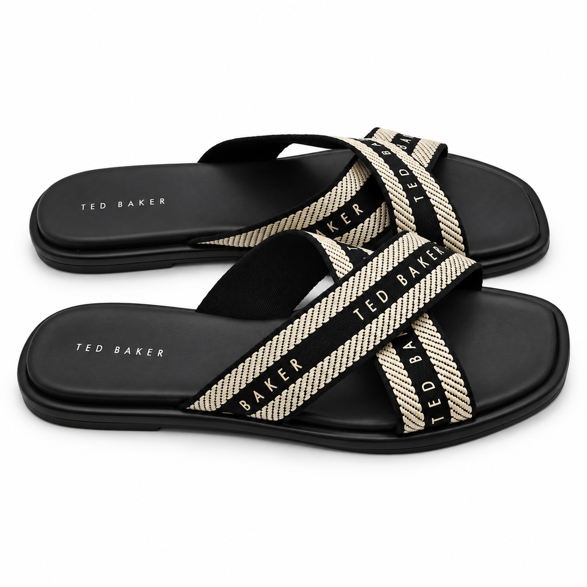 Ted Baker Womens Slide Sandals Size 10 Black Ivory Criss Cross Logo Flat Shoes