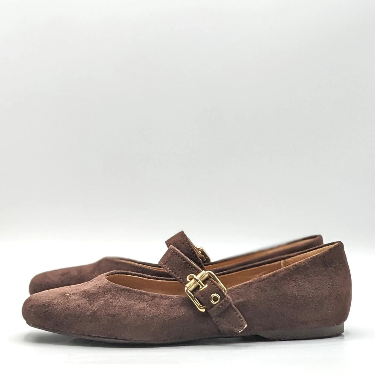 dv by Dolce Vita "Ballet Flat" Faux Suede Brass Buckle Foam Insole (Brown) NEW