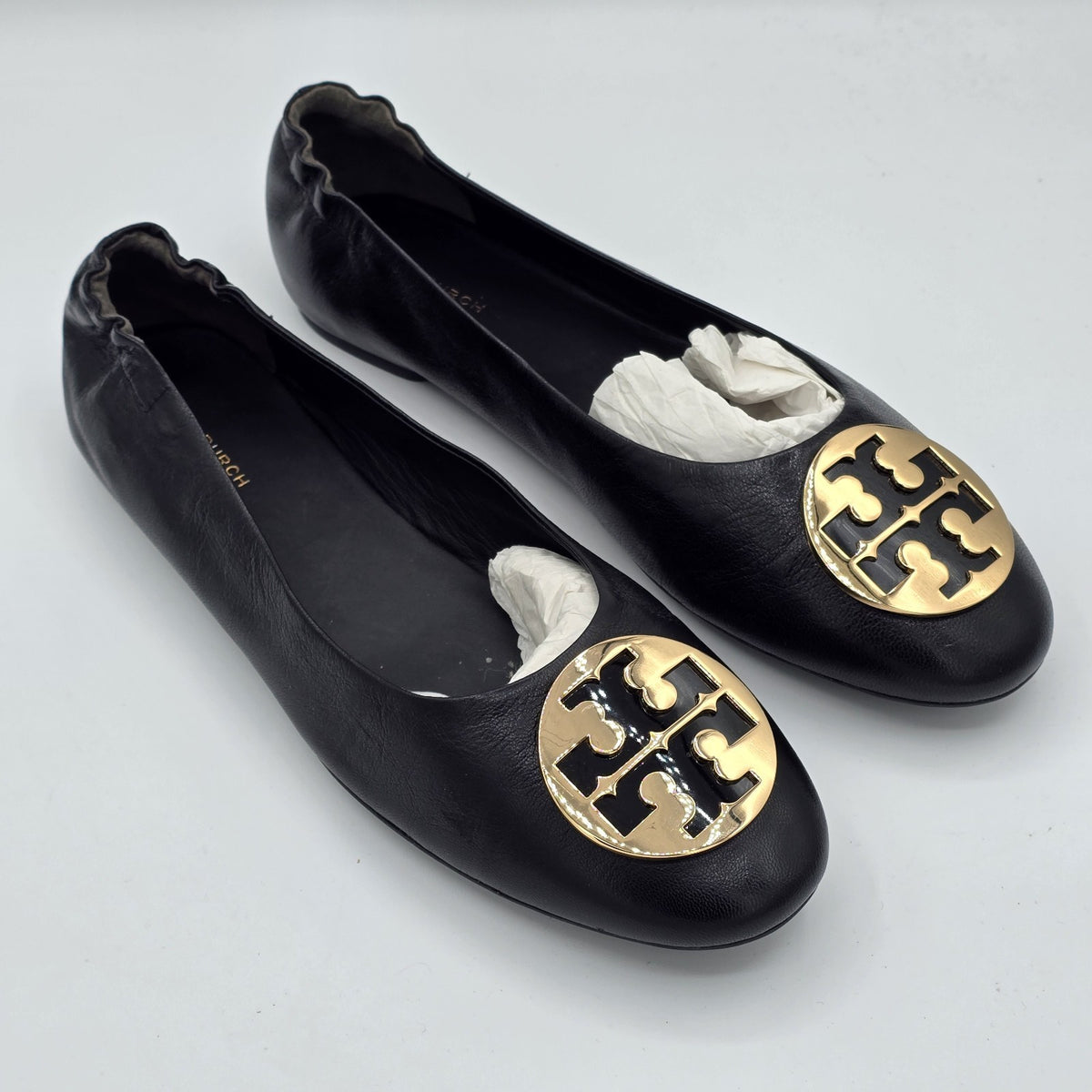 Tory Burch Claire Ballet Flats Women's Leather Black Gold Logo Size 9