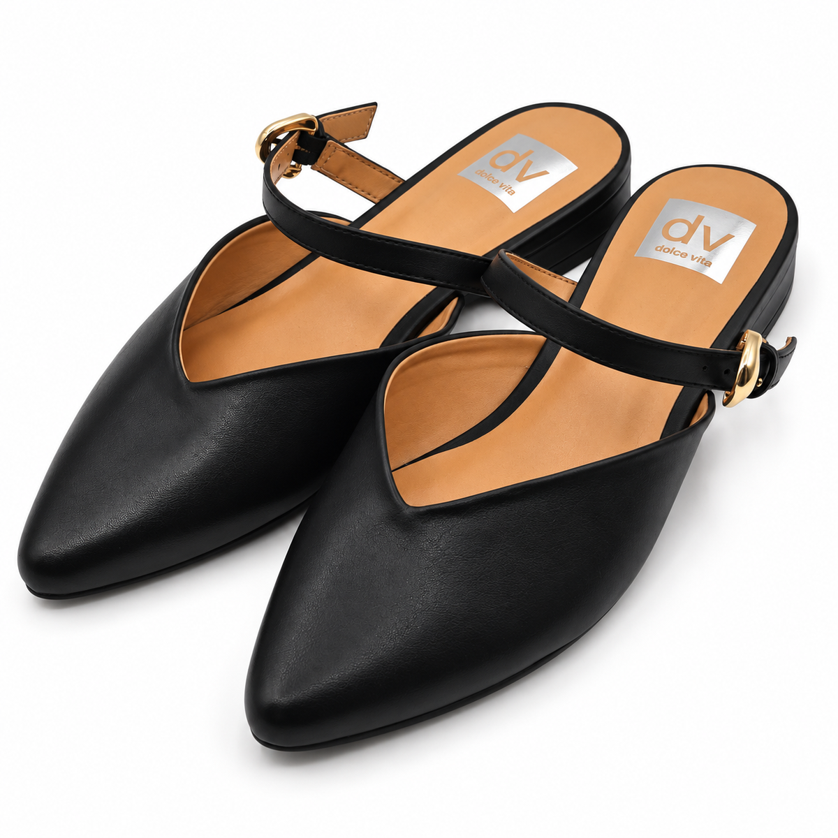 DV Dolce Vita Womens Black Pointed Toe Mule Flats Buckle Strap Shoes Pick Size