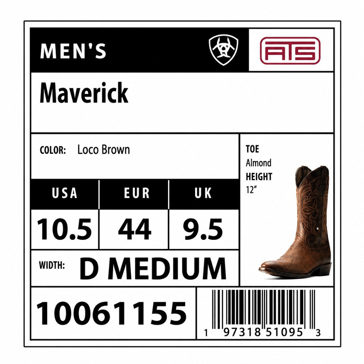 Ariat(R) Maverick Western Boots Loco Brown 10061155 ATS Almond Toe Men's 10.5D