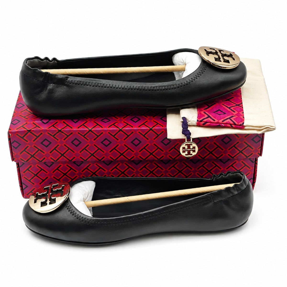 Tory Burch Minnie Travel Ballet Flats Women's 8 Black Gold Nappa Leather 50393