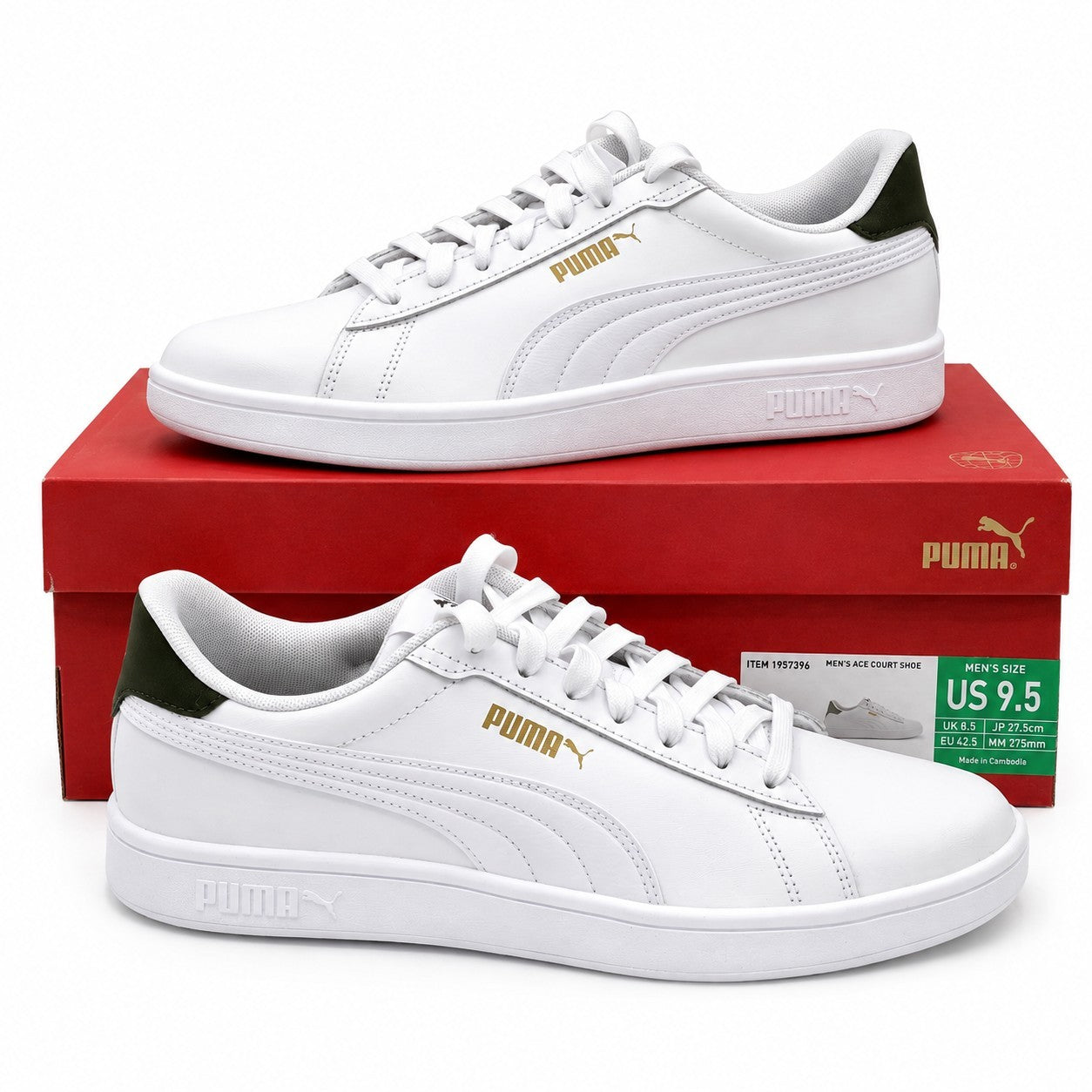 PUMA Ace Court Shoe Men's 9.5 White Green Low Gravity Casual Athletic Sneakers