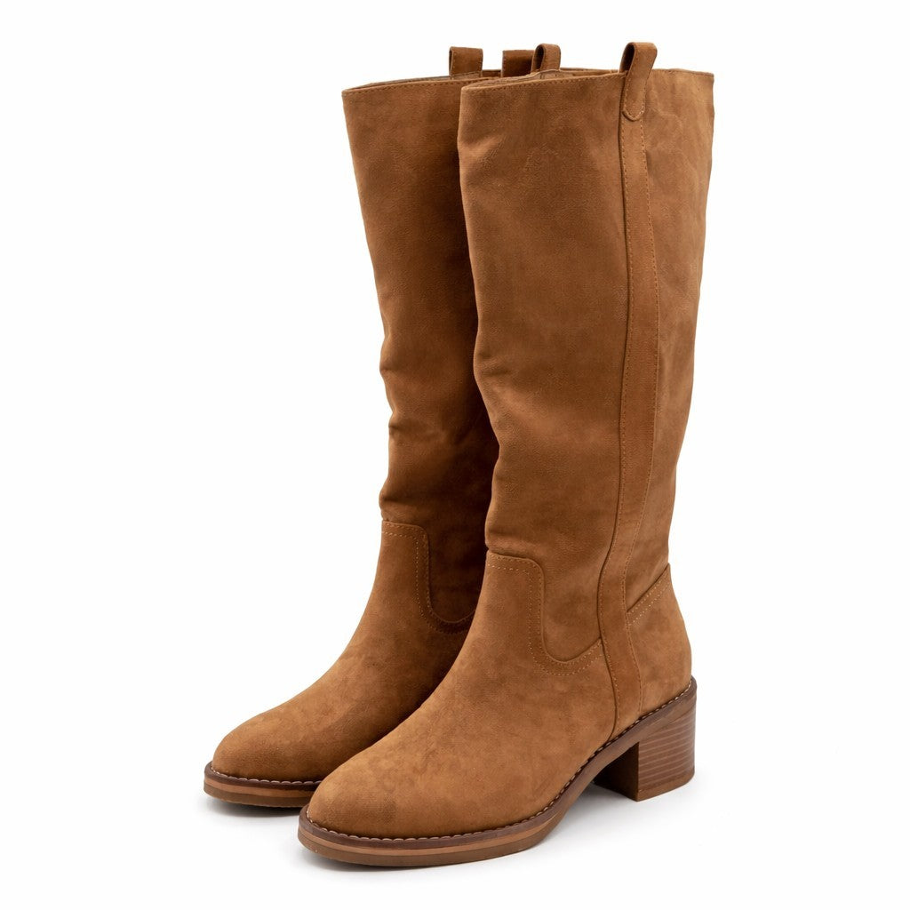 Kensie Women's Naya Knee High Boots Sand Faux Leather Side Zip Block Heel