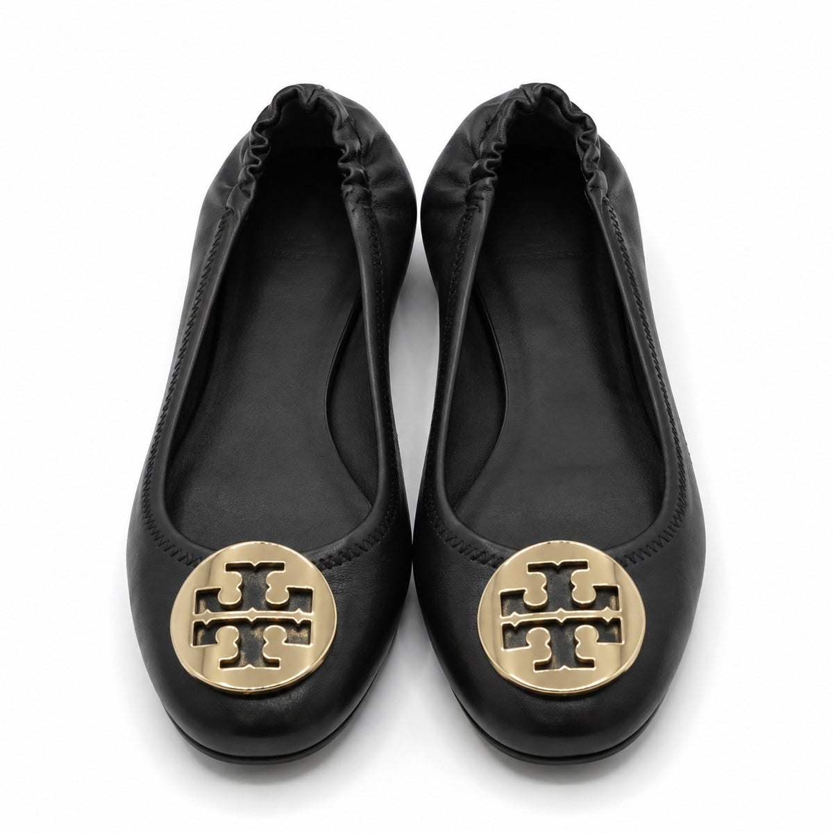 Tory Burch Minnie Travel Ballet Flats Women's 8 Black Gold Nappa Leather 50393
