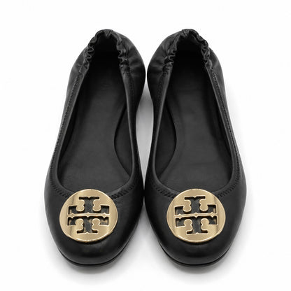 Tory Burch Minnie Travel Ballet Flats Women's 8 Black Gold Nappa Leather 50393