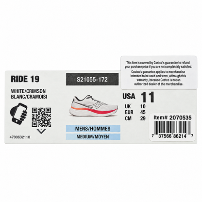 Saucony Ride 19 Mens 11 White Crimson PWRRUN+ Neutral Road Running Mesh Sneakers
