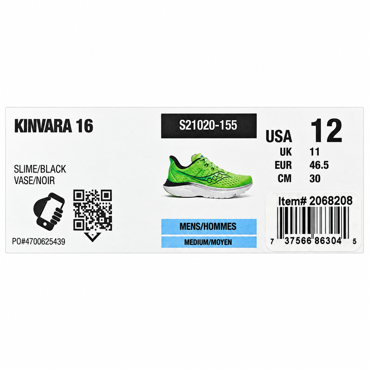 Saucony Kinvara 16 Mens 12 Slime Black PWRRUN Lightweight Running Shoes Sneakers
