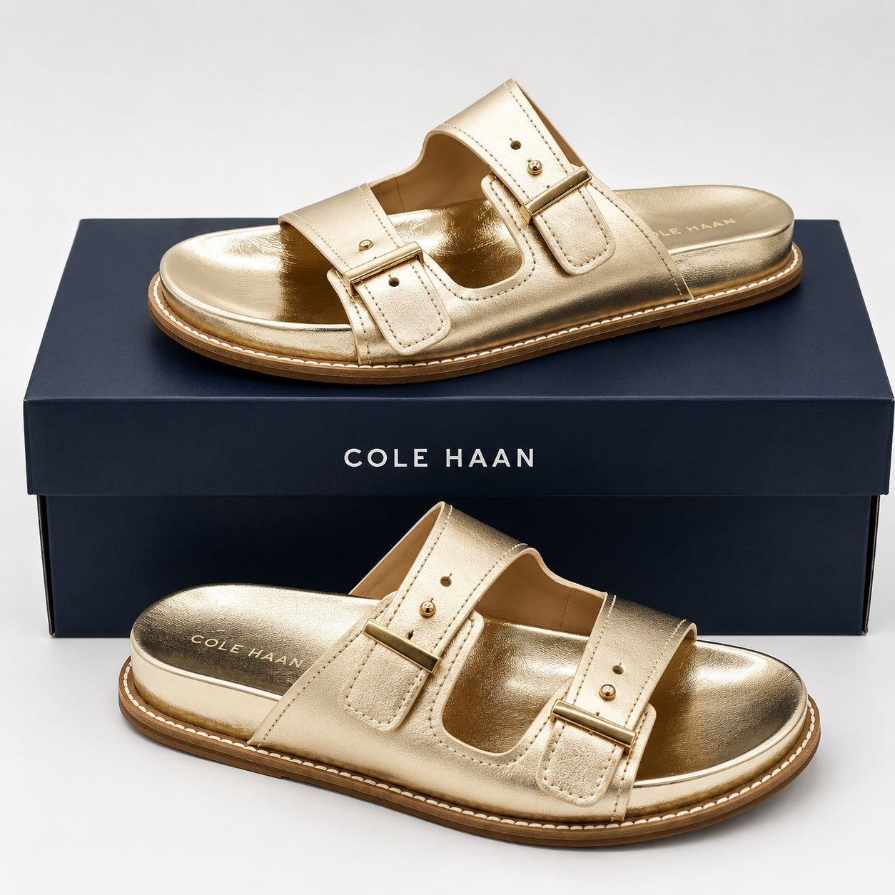 Cole Haan "Marisol" Women's Leather Adjustable Double Banded Sandals - Soft Gold