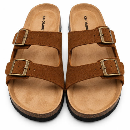 Khombu Ashville Women's Brown Suede Double Buckle Slide Sandals Pick Size