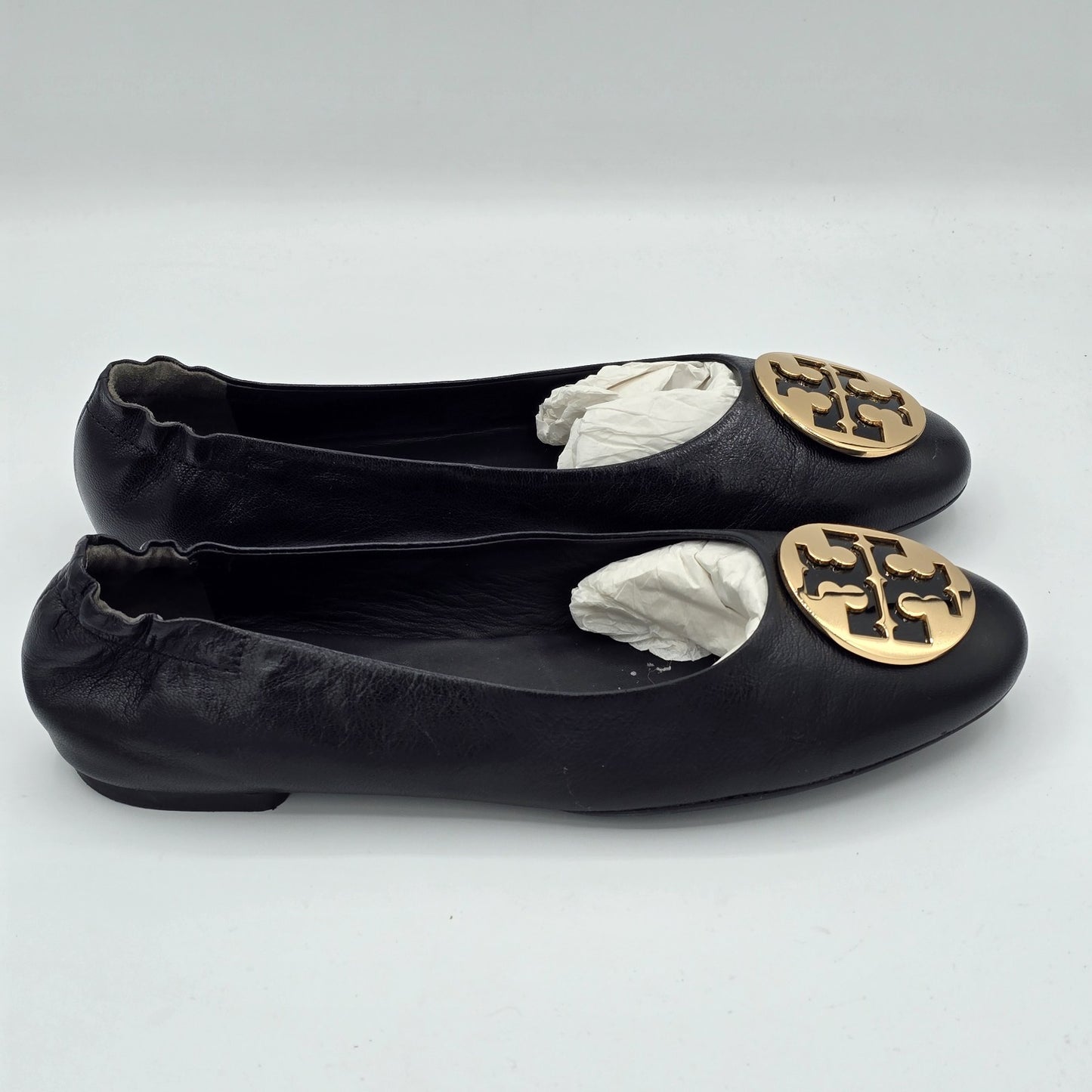 Tory Burch Claire Ballet Flats Women's Leather Black Gold Logo Size 9