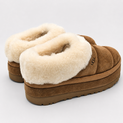 UGG Tazzlita Women's 10 Chestnut Suede Platform Slippers Sheepskin 1146390-CHE