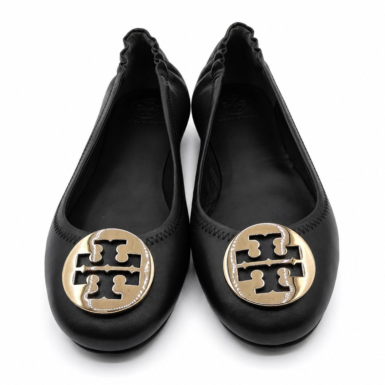Tory Burch Minnie Travel Ballet Flats Women's 8 Black Gold Nappa Leather 50393