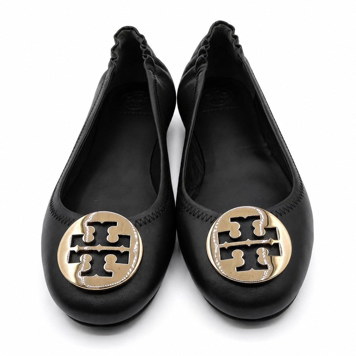 Tory Burch Minnie Travel Ballet Flats Women's 8 Black Gold Nappa Leather 50393