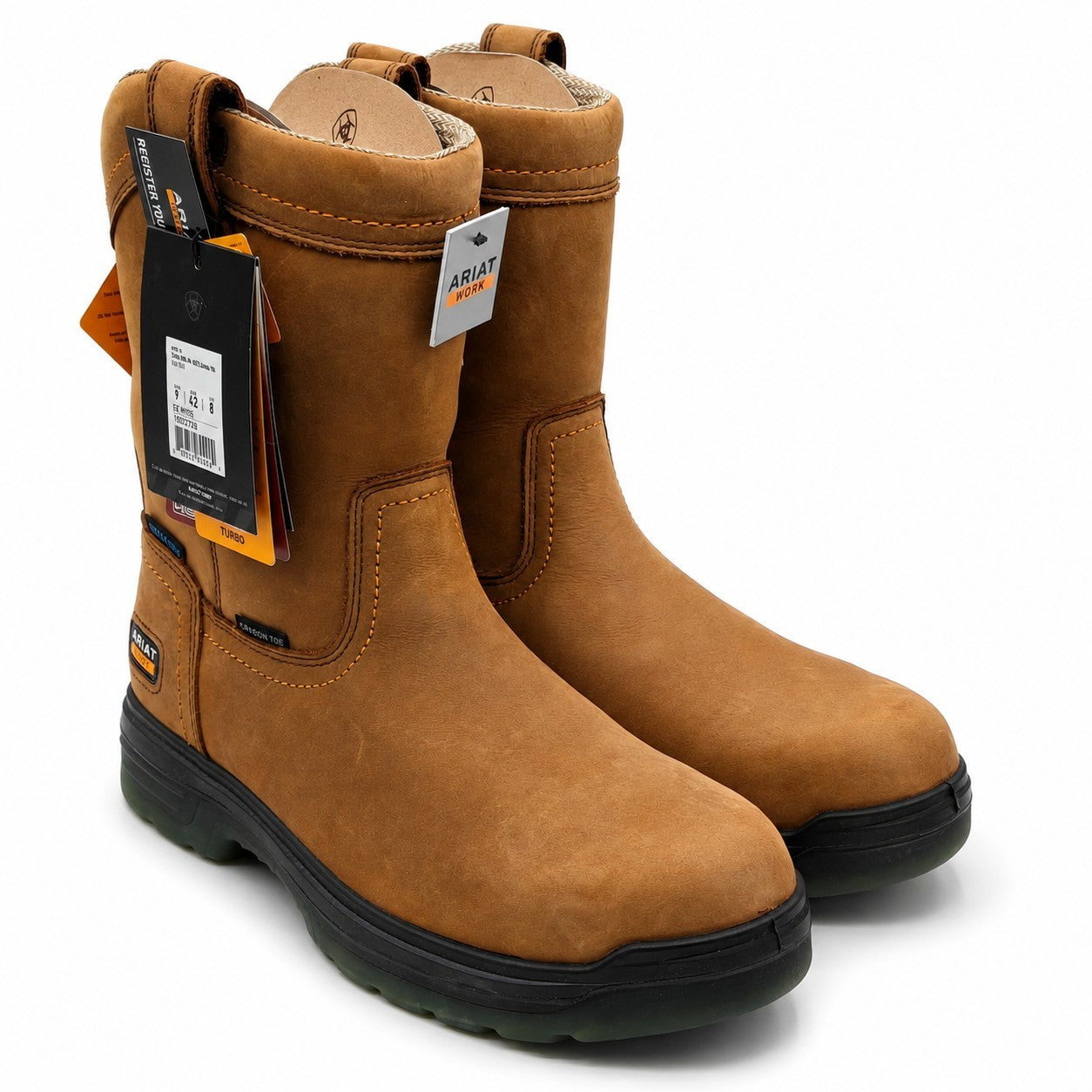 Ariat(R) Turbo Waterproof Carbon Toe Work Boots Men's 9 EE Wide Brown 10027328