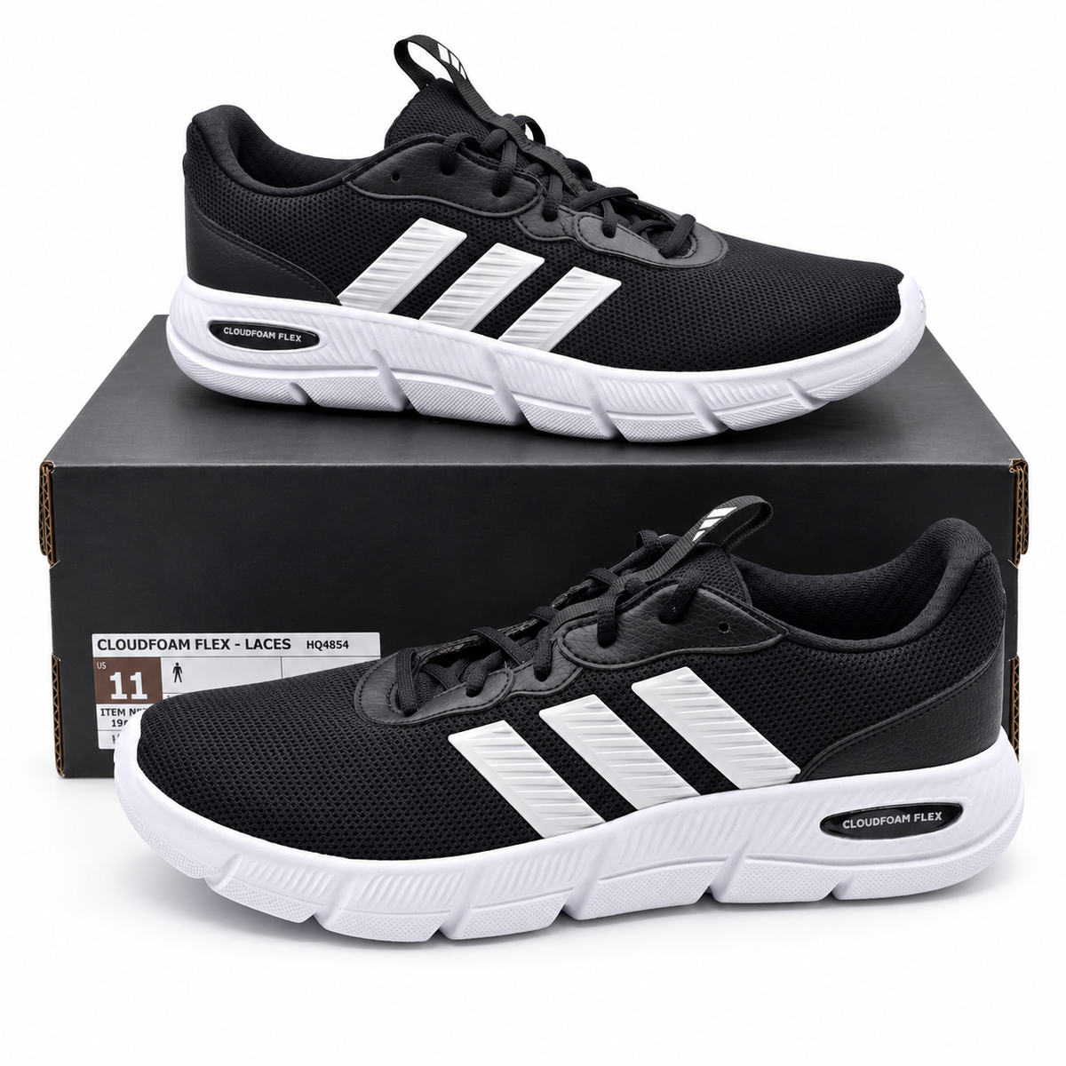 adidas Cloudfoam Flex Laces Mens Wide Black White Walking Shoes HQ4854 Pick Size