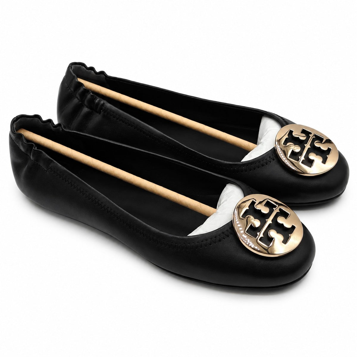 Tory Burch Minnie Travel Ballet Flats Women's 8 Black Gold Nappa Leather 50393