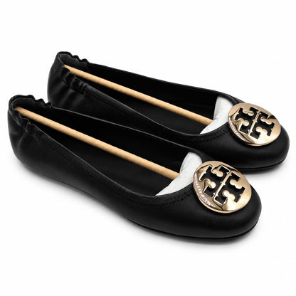 Tory Burch Minnie Travel Ballet Flats Women's 8 Black Gold Nappa Leather 50393
