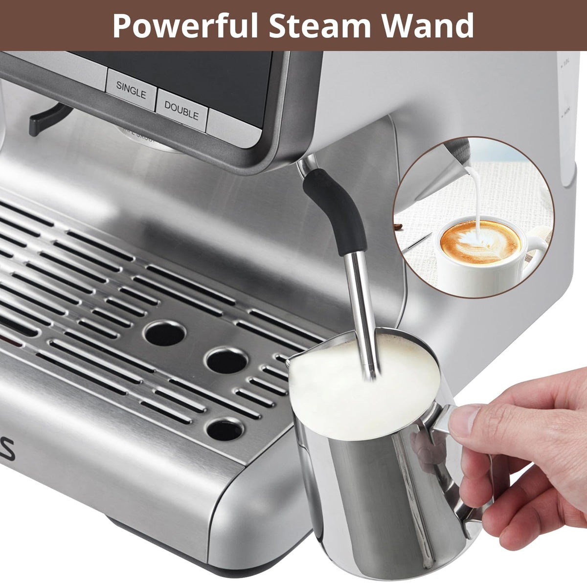 20 Bar Espresso Machine with Grinder Milk Frother Steam Wand 30 Grind Settings