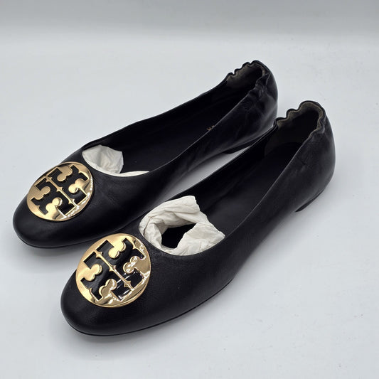 Tory Burch Claire Ballet Flats Women's Leather Black Gold Logo Size 9