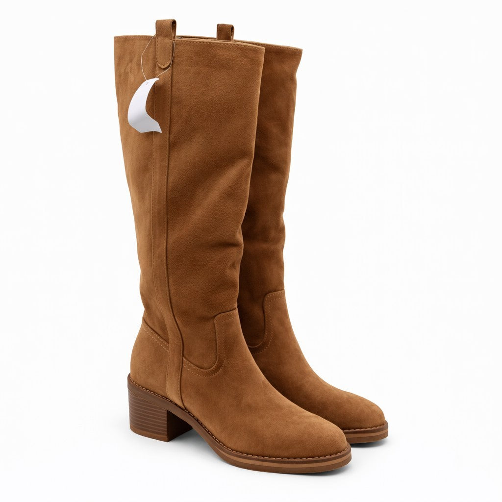 Kensie Women's Naya Knee High Boots Sand Faux Leather Side Zip Block Heel