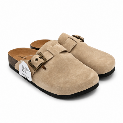 Staheekum Women's Suede Clog Mules Buckle Water Repellent Black/Tan Pick Size