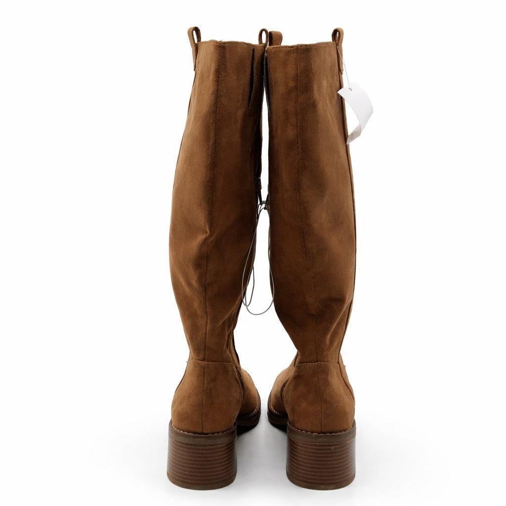 Kensie Women's Naya Knee High Boots Sand Faux Leather Side Zip Block Heel