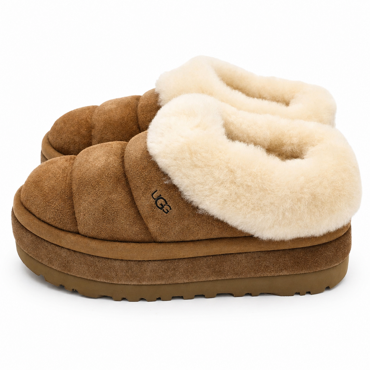 UGG Tazzlita Women's 10 Chestnut Suede Platform Slippers Sheepskin 1146390-CHE
