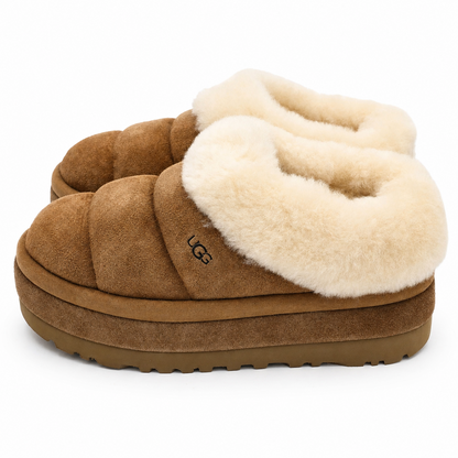 UGG Tazzlita Women's 10 Chestnut Suede Platform Slippers Sheepskin 1146390-CHE