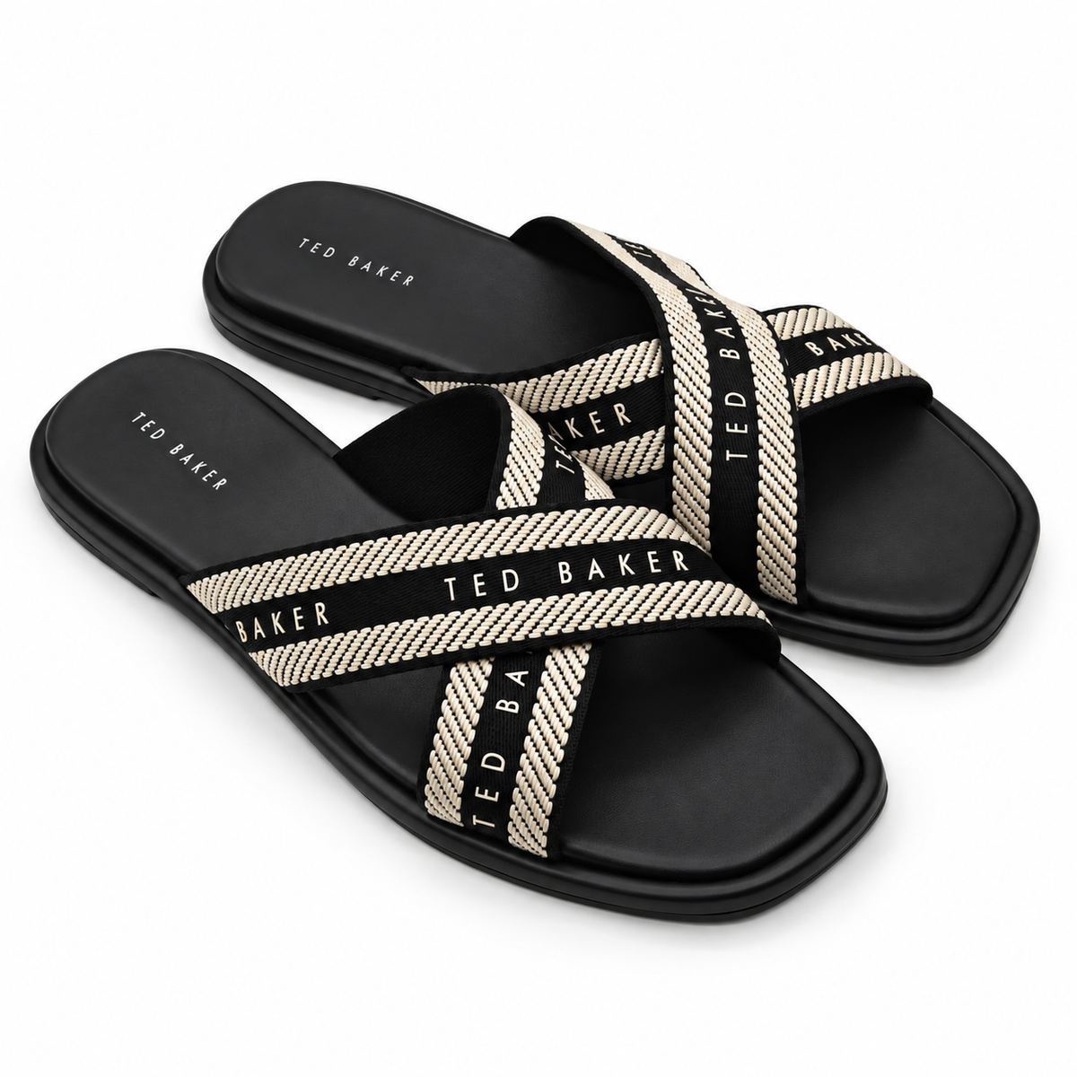 Ted Baker Womens Slide Sandals Size 10 Black Ivory Criss Cross Logo Flat Shoes