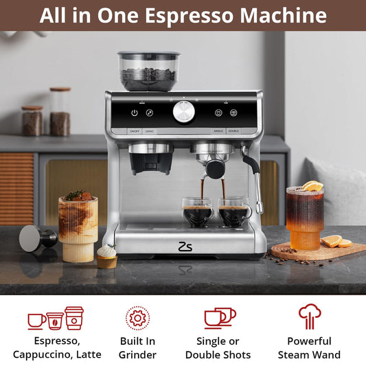 20 Bar Espresso Machine with Grinder Milk Frother Steam Wand 30 Grind Settings