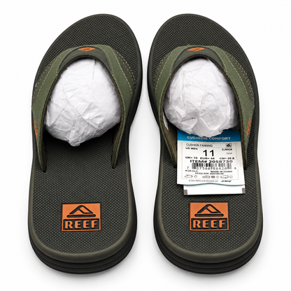 REEF Cushion Fanning Flip Flops Men 11 Olive Arch Support Bottle Opener CJ8928