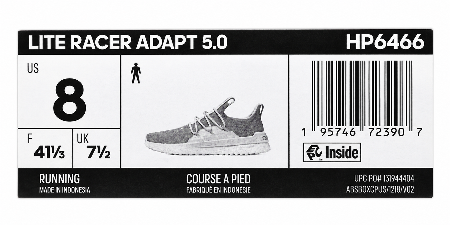 adidas Lite Racer Adapt 5.0 Men's US 8 White Grey Cloudfoam Slip-On Shoes HP6466