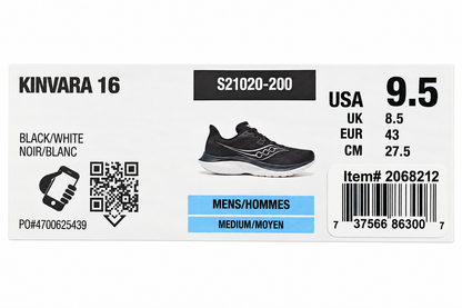 Saucony Kinvara 16 Mens 9.5 Black White PWRRUN Lightweight Road Running Sneakers