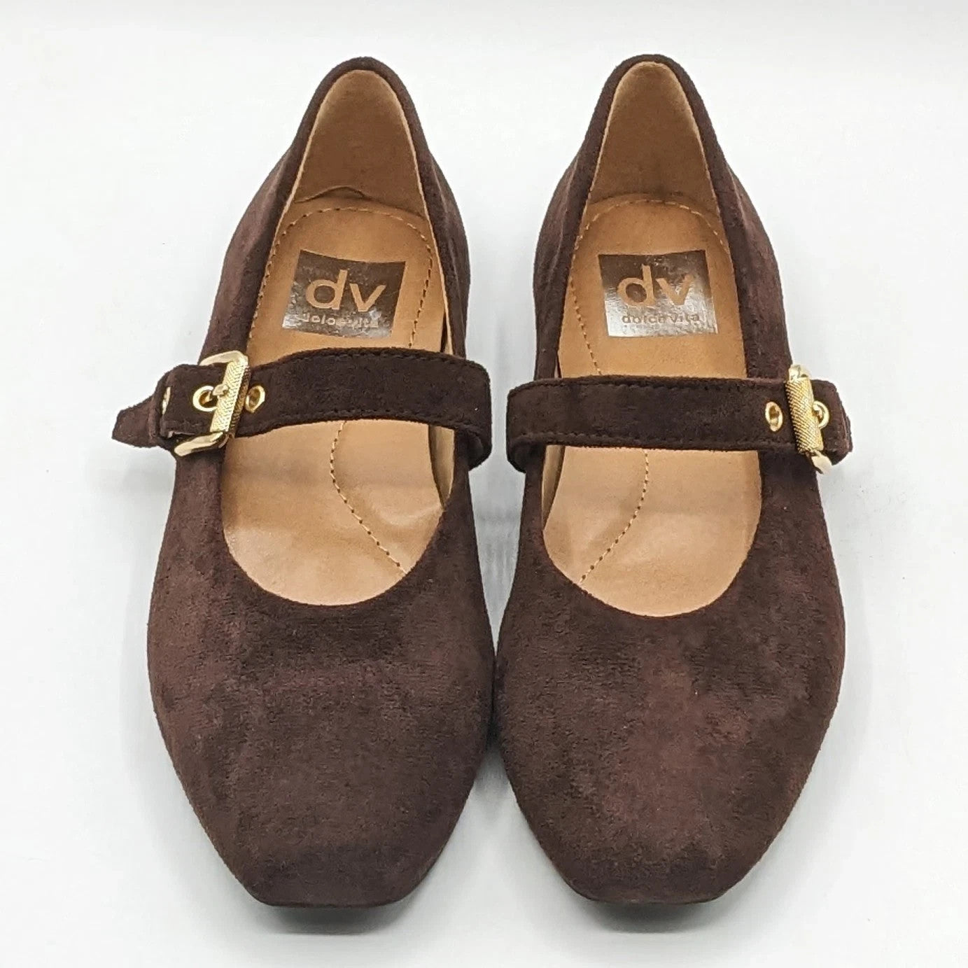 dv by Dolce Vita "Ballet Flat" Faux Suede Brass Buckle Foam Insole (Brown) NEW