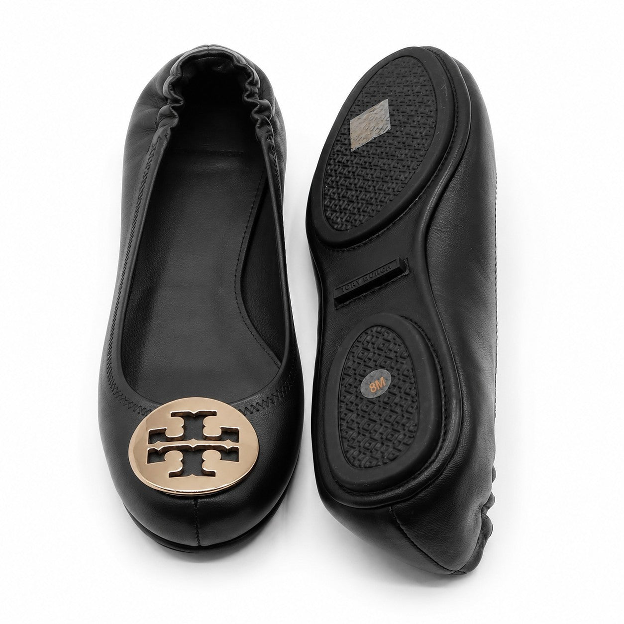 Tory Burch Minnie Travel Ballet Flats Women's 8 Black Gold Nappa Leather 50393