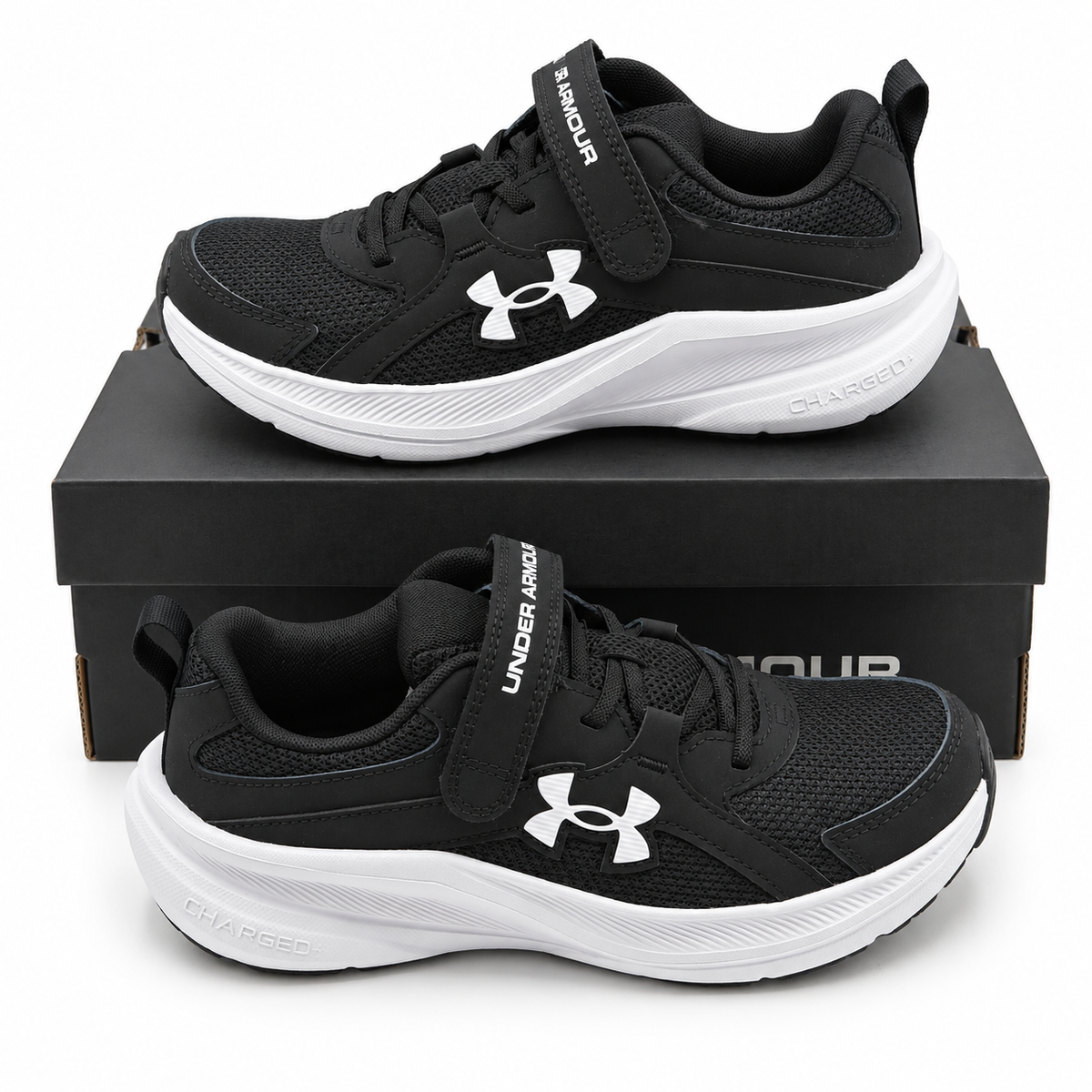 Under Armour Assert 11 AC Boys 2Y Black White Mesh Running Shoes Hook Loop Strap