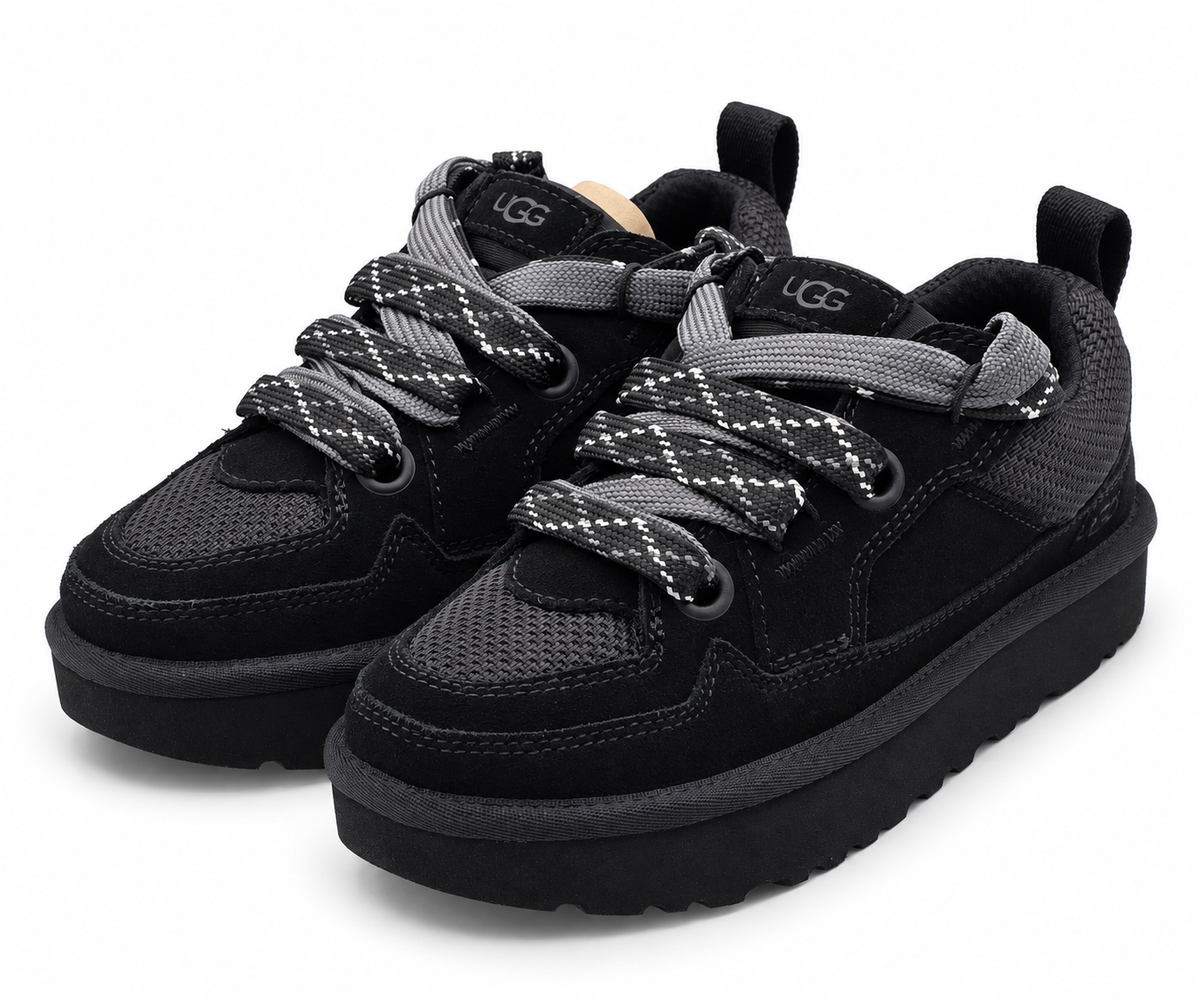 UGG Lo Lowmel Sneakers Womens 6 Black Suede Mesh Lace Up Low Top Shoes 1168890
