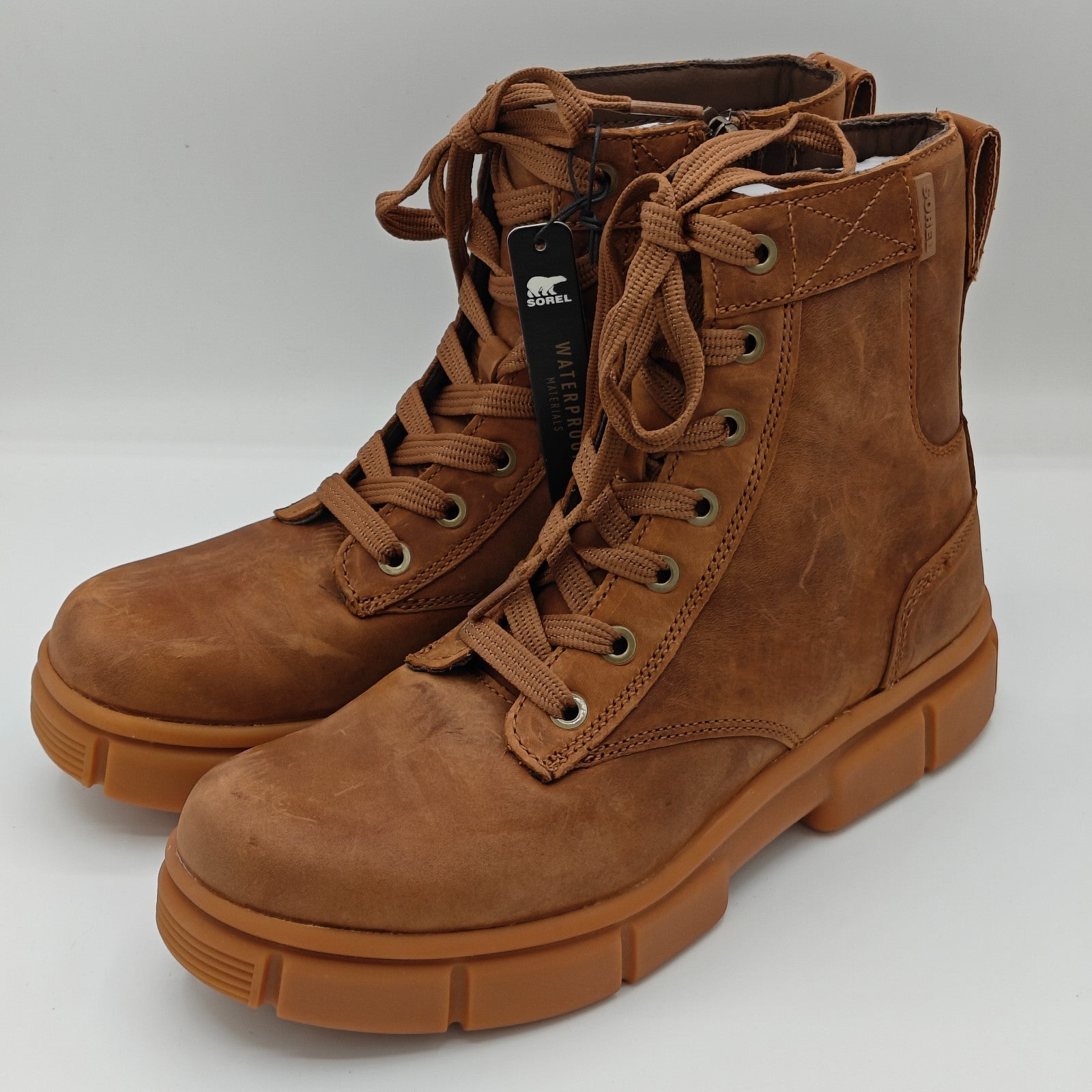 SOREL Explorer STRT Waterproof Lace Boots Leather Side Zip Velvet Tan Gum 2 9, 8