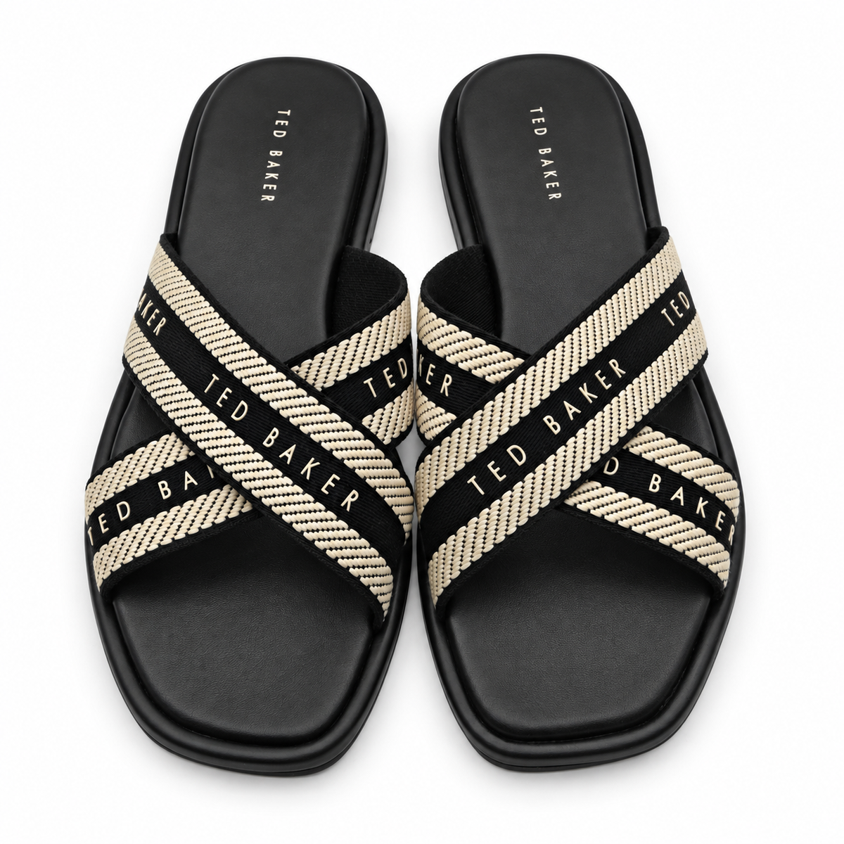 Ted Baker Womens Slide Sandals Size 10 Black Ivory Criss Cross Logo Flat Shoes